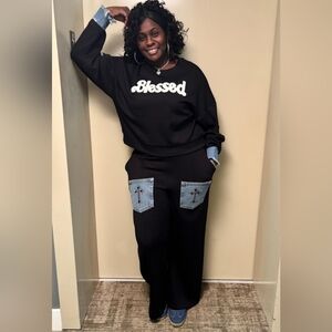 Black Track Pants with Denim Accents